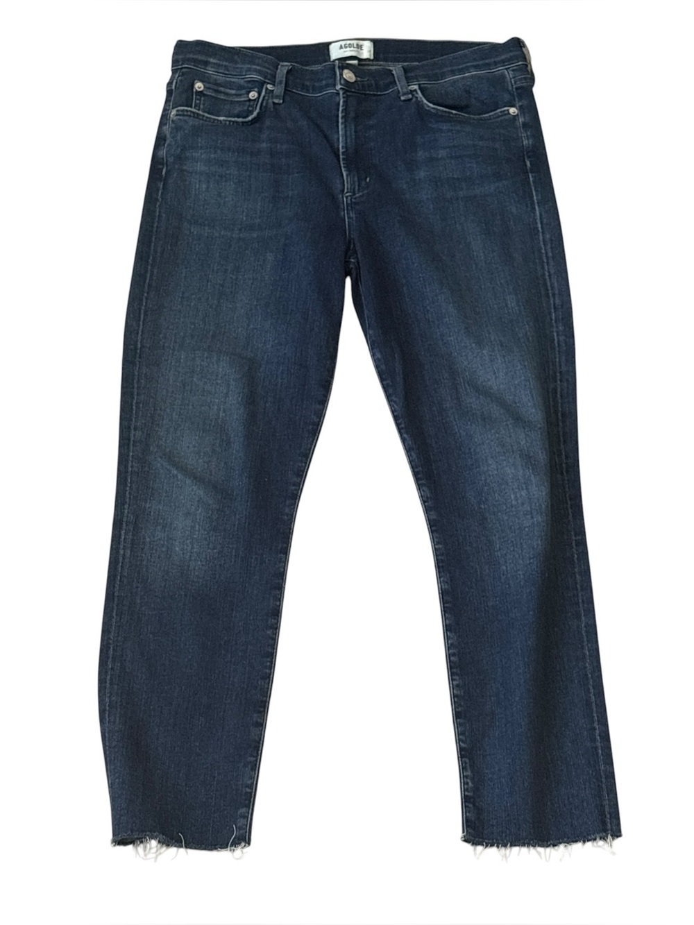 Agolde Sophie Dark Wash Denim Jeans Size 32 Straight Leg Raw Hem Crop